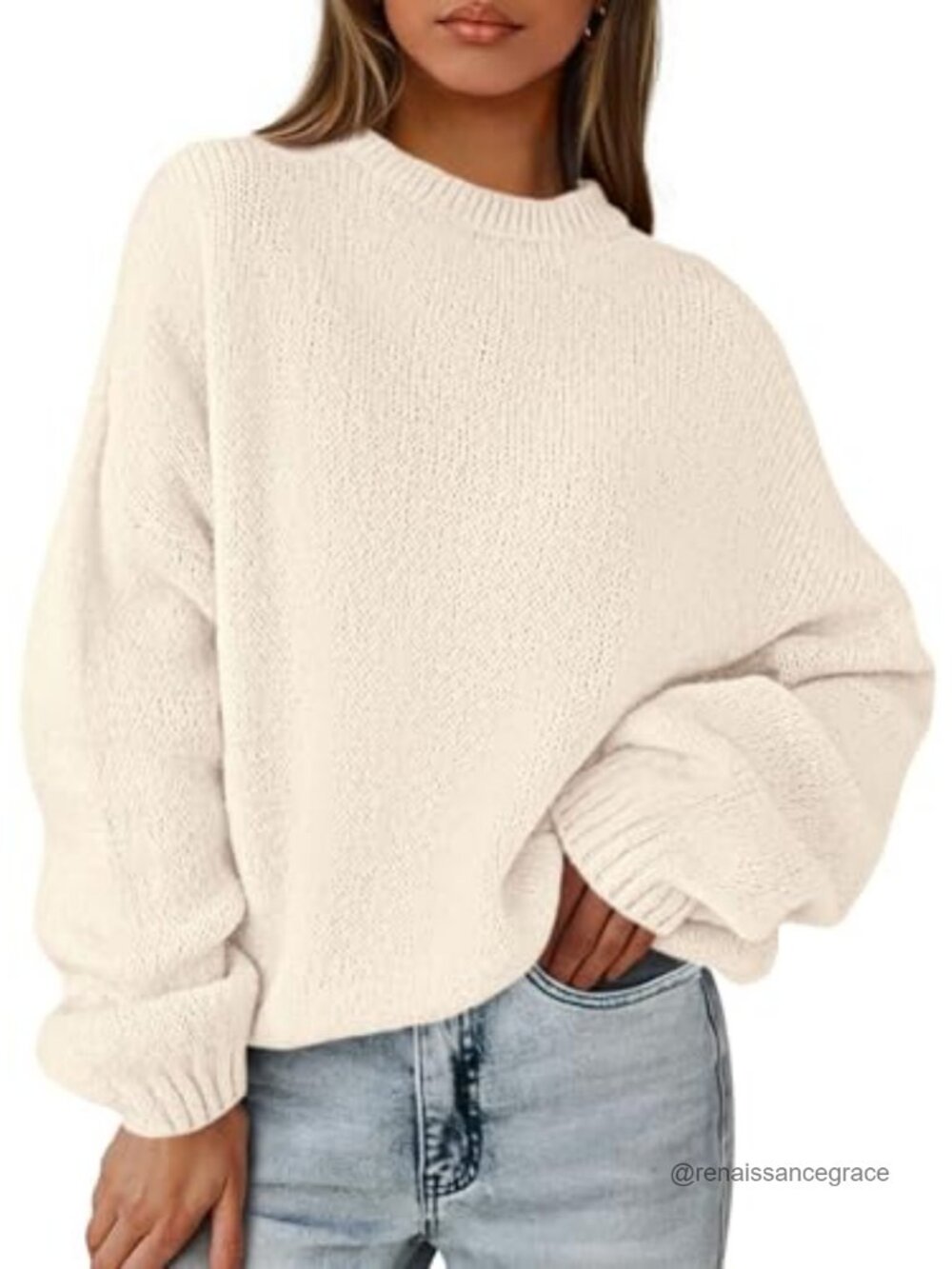 Oversized Chunky Knit Pullover Sweater Drop Shoulder Lantern Sleeve